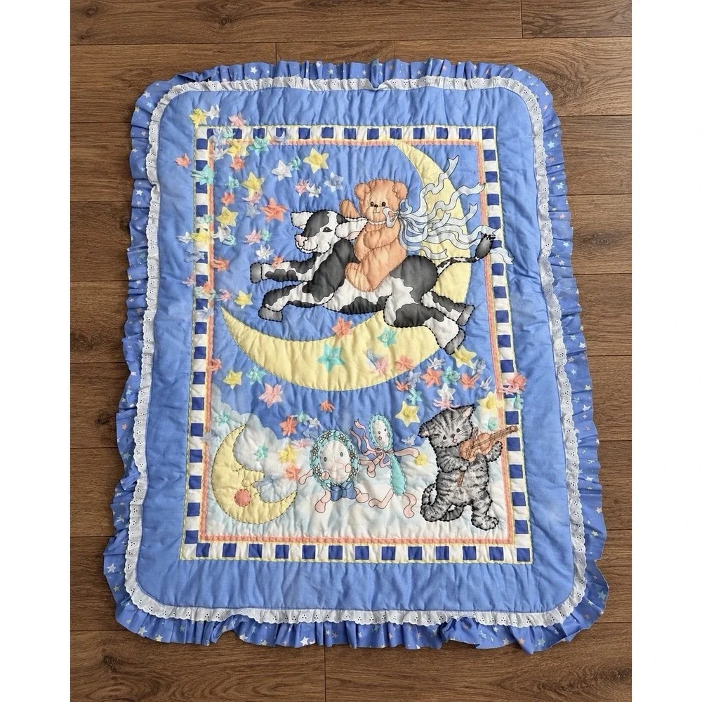 Vintage 90s Baby Crib Quilt Blanket Cow Teddy Bear Moon Stars Ruffle 47x26.5